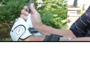 Lag Trainer Option #3: On your leading arm pointing to your thumb.