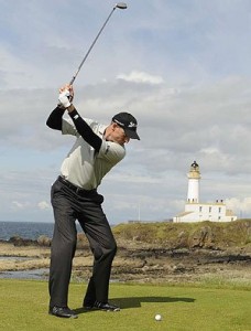 Jim Furyk with Straight Leading Arm and Wrist Hinge near the top of his limited back-swing.