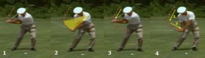 This shows Hogan with an aggressive thrust through the ball.