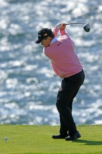 Tom lifts his leading heel to help him get more rotation and power just like a baseball swing.