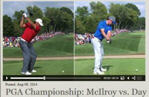 Rory McIlroy (on the right) showing a Wide Straight Arm Takeaway.  Jason Day (on the left) is showing his bent trailing arm creating wrist lag.