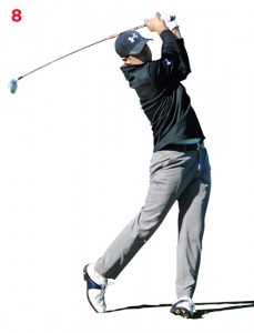 Jordon Spieth has a wonderful balanced finish with all of his weight on his leading leg.