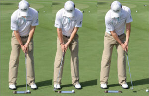 This old putting sequence of Rory McIlroy illustrates how he rocks his shoulders and finishes by swinging straight up the target line.